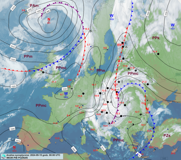 Mapa synoptyczna z terminu 15.09.2024 00:00 UTC. Źródło: IMGW-PIB.