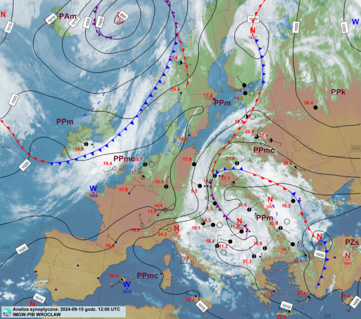 Mapa synoptyczna z terminu 15.09.2024 12:00 UTC. Źródło: IMGW-PIB.