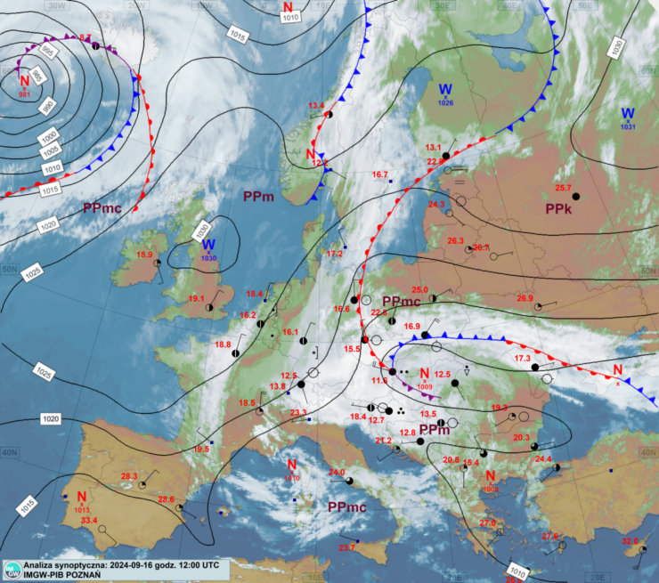 Mapa synoptyczna z terminu 16.09.2024 12:00 UTC. Źródło: IMGW-PIB.