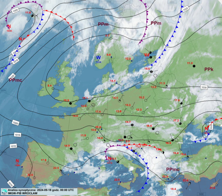 Mapa synoptyczna z terminu 18.09.2024 00:00 UTC. Źródło: IMGW-PIB.