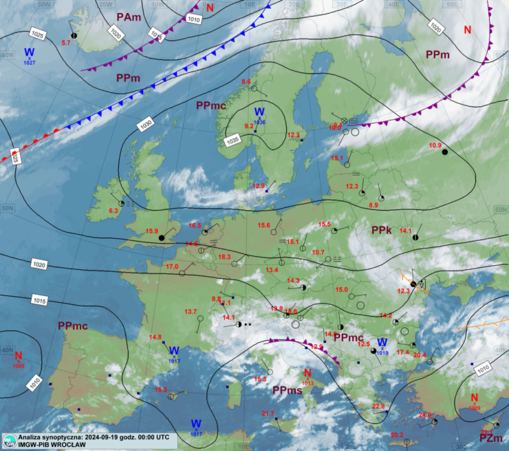 Mapa synoptyczna z terminu 19.09.2024 00:00 UTC. Źródło: IMGW-PIB.