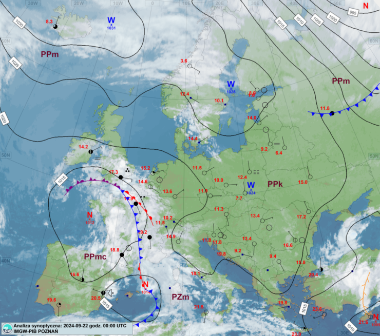 Mapa synoptyczna z terminu 22.09.2024 00:00 UTC. Źródło: IMGW-PIB.