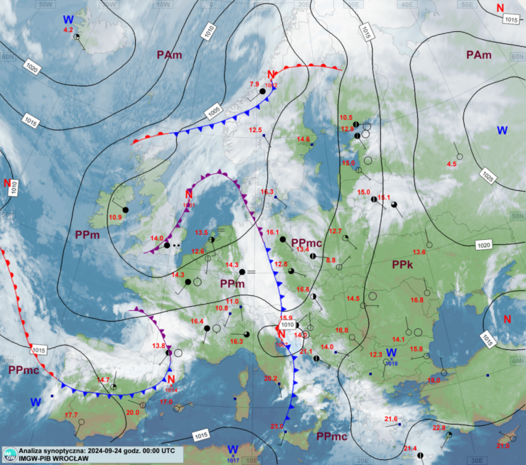 Mapa synoptyczna z terminu 24.09.2024 00:00 UTC. Źródło: IMGW-PIB.