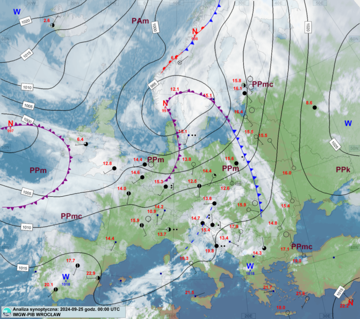 Mapa synoptyczna z terminu 25.09.2024 00:00 UTC. Źródło: IMGW-PIB.