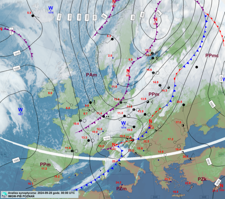 Mapa synoptyczna z terminu 28.09.2024 00:00 UTC. Źródło: IMGW-PIB.