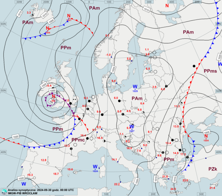 Mapa synoptyczna z terminu 30.09.2024 00:00 UTC. Źródło: IMGW-PIB.