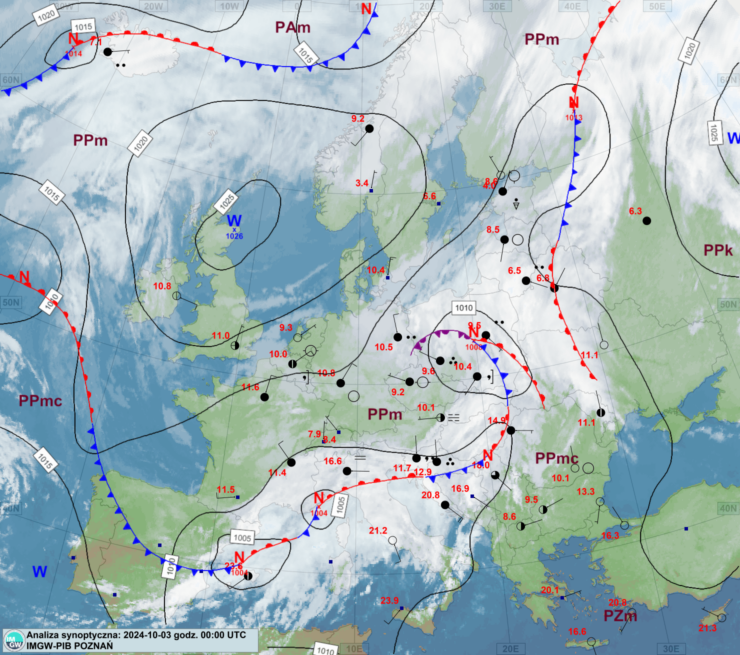 Mapa synoptyczna z terminu 03.10.2024 00:00 UTC. Źródło: IMGW-PIB.