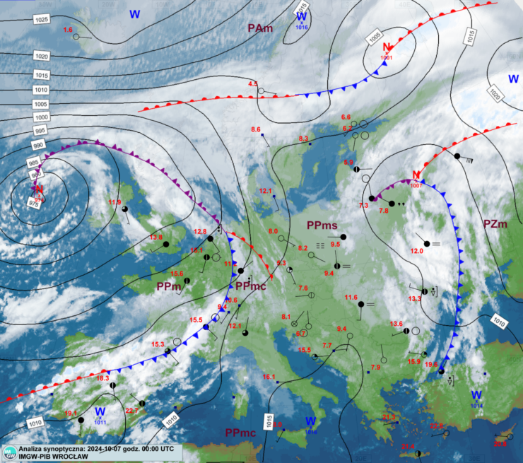 Mapa synoptyczna z terminu 07.10.2024 00:00 UTC. Źródło: IMGW-PIB.