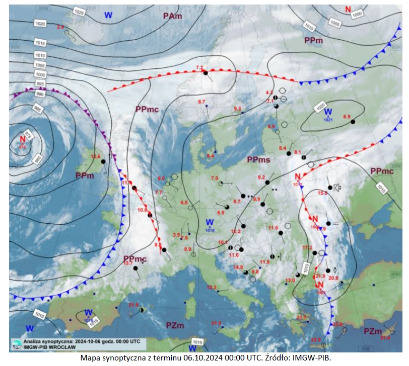 Mapa synoptyczna z terminu 06.10.2024 00:00 UTC. Źródło: IMGW-PIB.