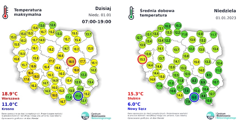 Temperatura maksymalna i średnia dobowa temperatura 1 stycznia 2023 roku.