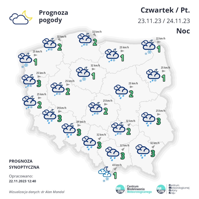 Synoptyczna prognoza pogody na noc 23/24.11.2023 r. | https://meteo.imgw.pl/