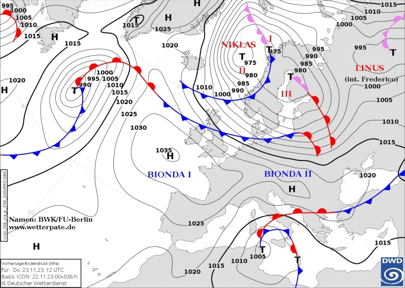 Prognozowana sytuacja synoptyczna na czwartek 23.11.2023 r. na godz. 13:00. Źródło: DWD.