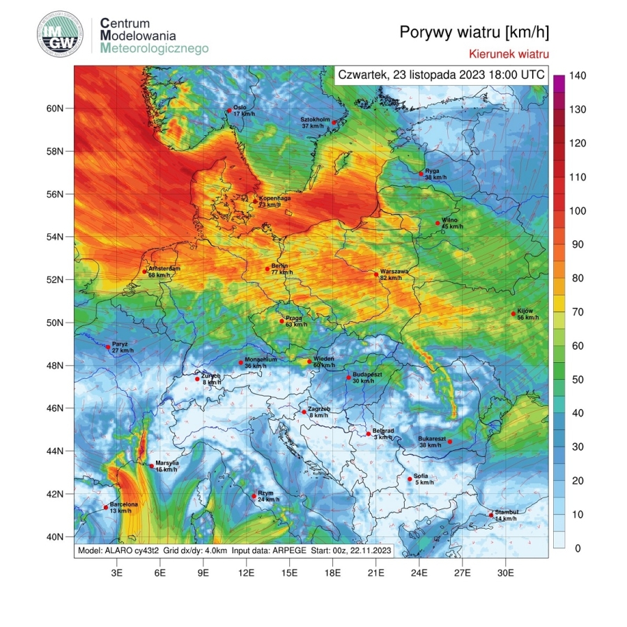 Prognoza porywów wiatru w czwartek (23.11.2023 r. godz. 19 :00 ) wg modelu ALARO . https://meteo.imgw.pl/