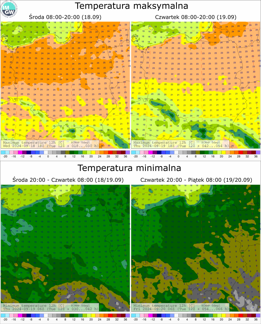 Prognozowana temperatura maksymalna i minimalna na kolejne dwie doby. Model ECMWF 0.1°.