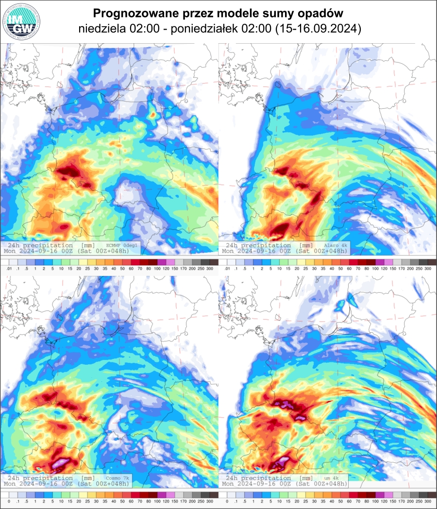 Prognozowana dobowa suma opadów na niedzielę (15.09 00 UTC - 16.09 00 UTC) wg wyników modeli ECMWF 0.1°, Alaro 4 km, COSMO 7 km, UM 4 km.