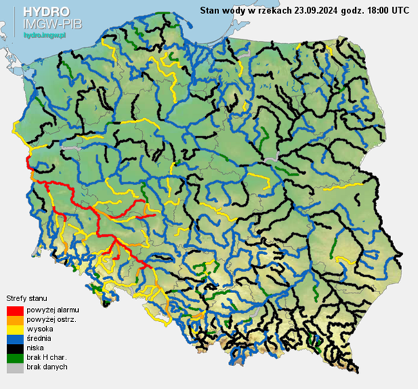 Aktualny stan wody w rzekach na godz. 18 UTC.