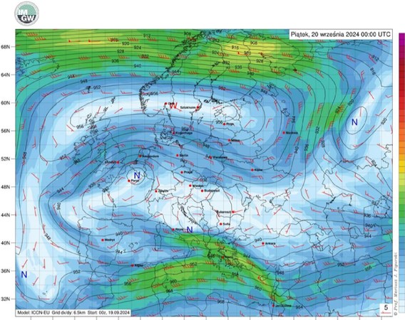 Prognozowane przez model ICON-EU prędkość i kierunek wiatru oraz geopotencjał na poziomie 300 hPa w piątek (20.09 00:00 UTC) nad Europą. 