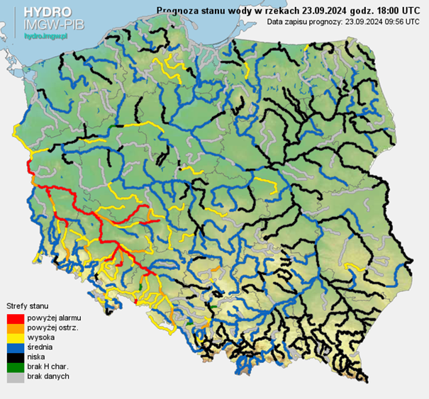 Prognozowana sytuacja hydrologiczna 23.09.2024 r. (18 UTC)