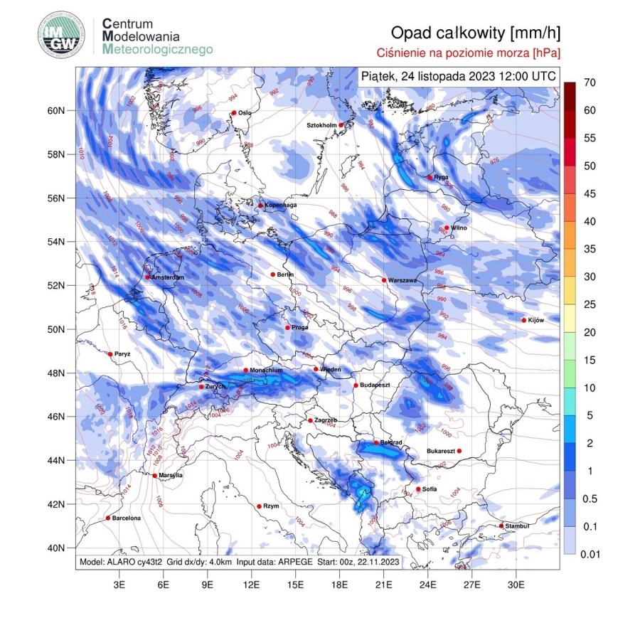 Prognoza opadów atmosferycznych w piątek (24.11.2023 r.) wg modelu ALARO . https://meteo.imgw.pl/