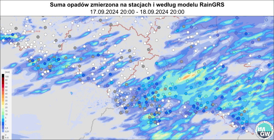 Suma opadów zmierzona na stacjach wraz z nałożonym rozkładem przestrzennym opadów według modelu RainGRS dla obszaru południowej Polski za okres 24 h (17.09.2024 18:00 UTC – 18.09.2024 18:00 UTC).