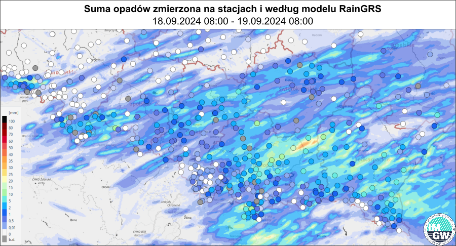 Suma opadów zmierzona na stacjach i według modelu RainGRS za okres 24 h (18.09.2024 06:00 UTC – 19.09.2024 06:00 UTC).