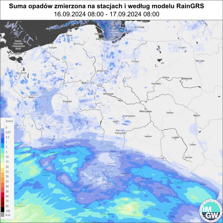 ​​​​​​​Suma opadów według modelu RainGRS za okres 24 h (16.09.2024 06:00 UTC – 17.09.2024 06:00 UTC).