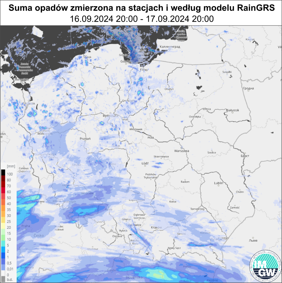 Suma opadów według modelu RainGRS za okres 24 h (16.09.2024 18:00 UTC – 17.09.2024 18:00 UTC).