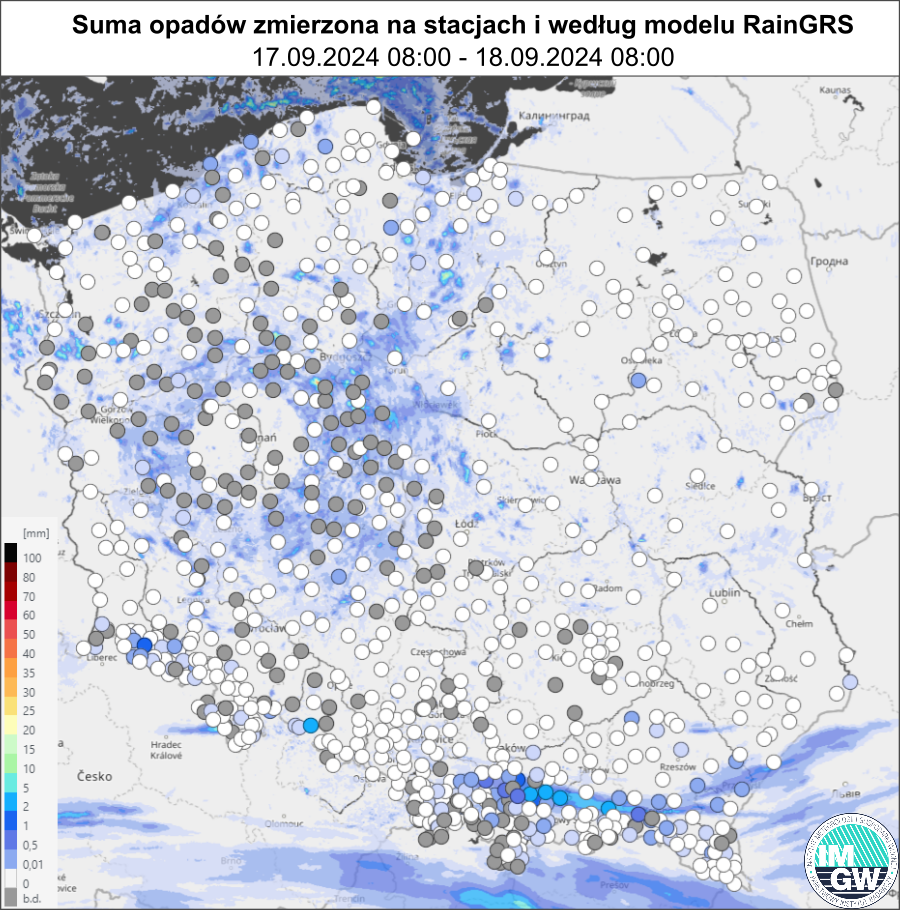 Suma opadów według modelu RainGRS za okres 24 h (17.09.2024 06:00 UTC – 18.09.2024 06:00 UTC).