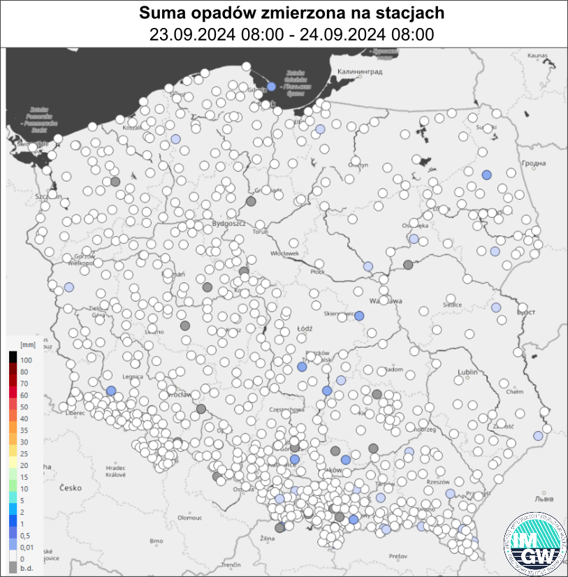 Suma opadów zmierzona na stacjach za okres 24 h (23.2024 06:00 UTC – 24.09.2024 06:00 UTC).