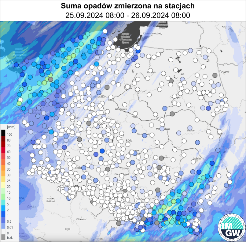 Suma opadów zmierzona na stacjach za okres 24 h (25.2024 06:00 UTC – 26.09.2024 06:00 UTC).