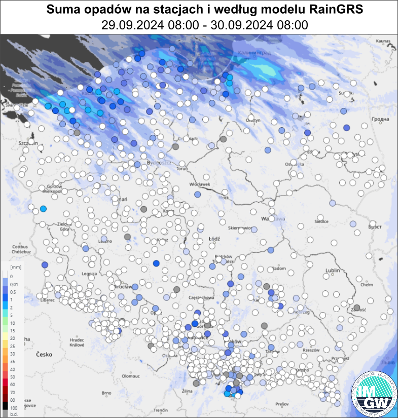 Suma opadów zmierzona na stacjach i według modelu RainGRS za okres 24 h (29.09.2024 06:00 UTC – 30.09.2024 06:00 UTC).