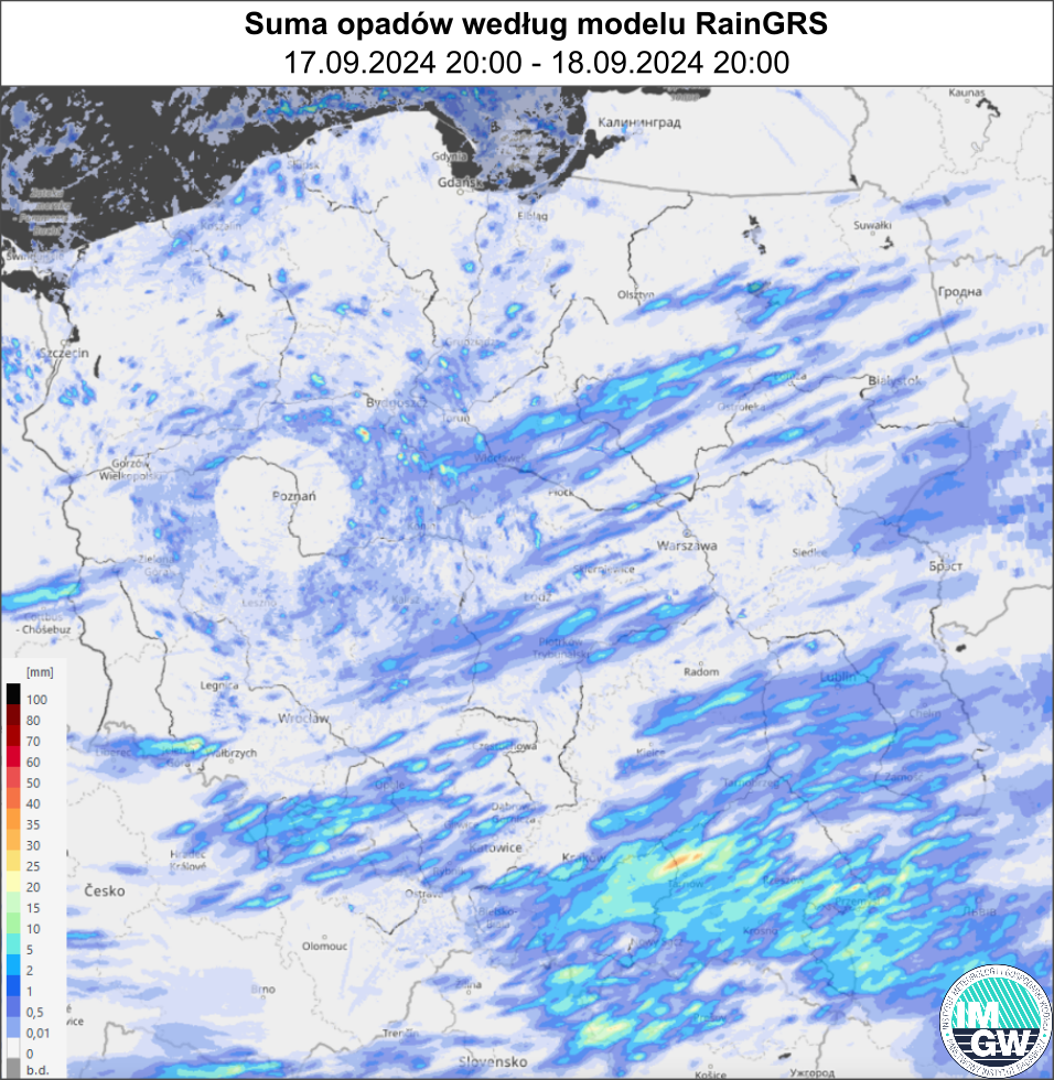 Suma opadów według modelu RainGRS za okres 24 h (17.09.2024 18:00 UTC – 18.09.2024 18:00 UTC).