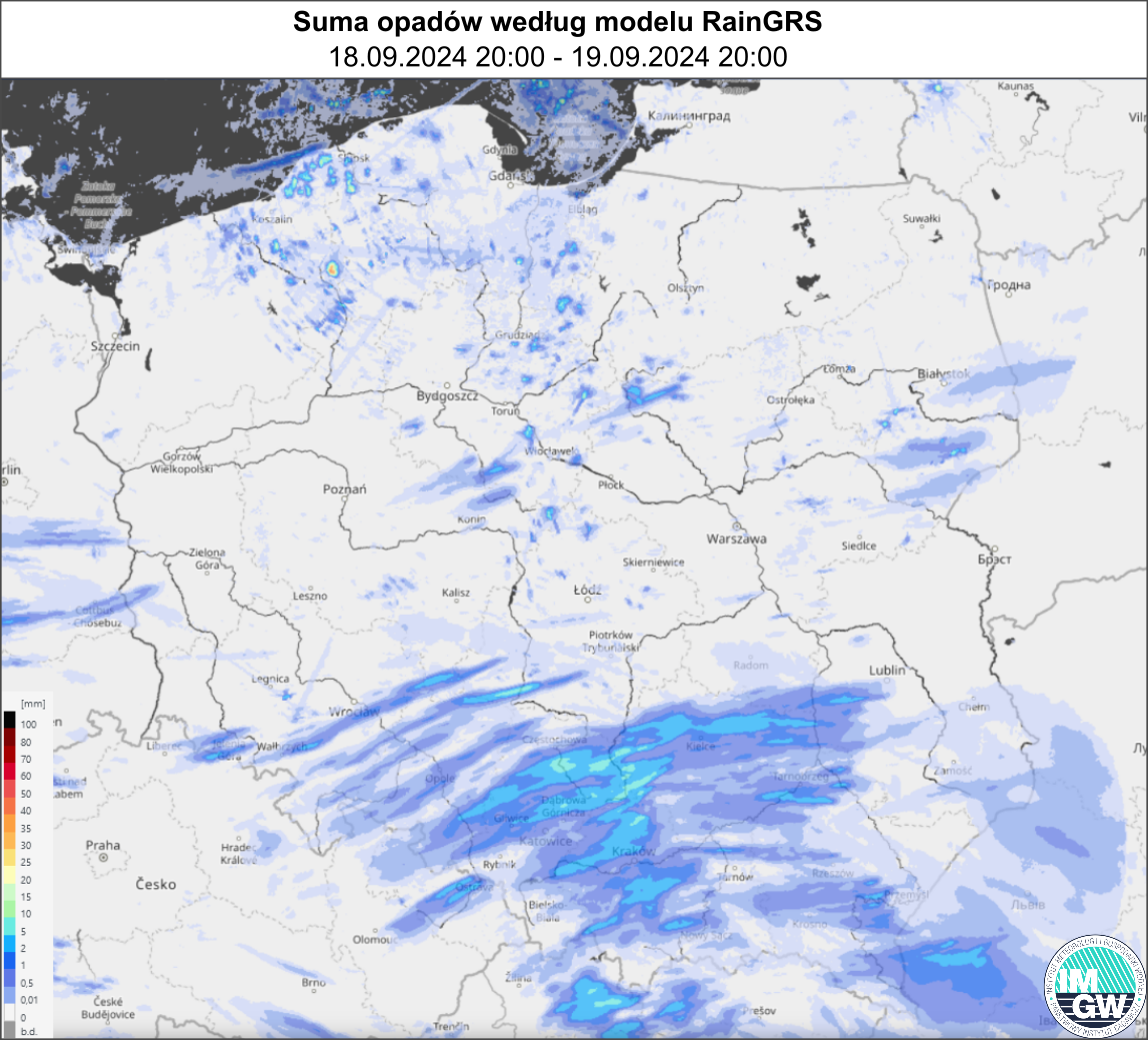 Suma opadów według modelu RainGRS za okres 24 h (18.09.2024 18:00 UTC – 19.09.2024 18:00 UTC)