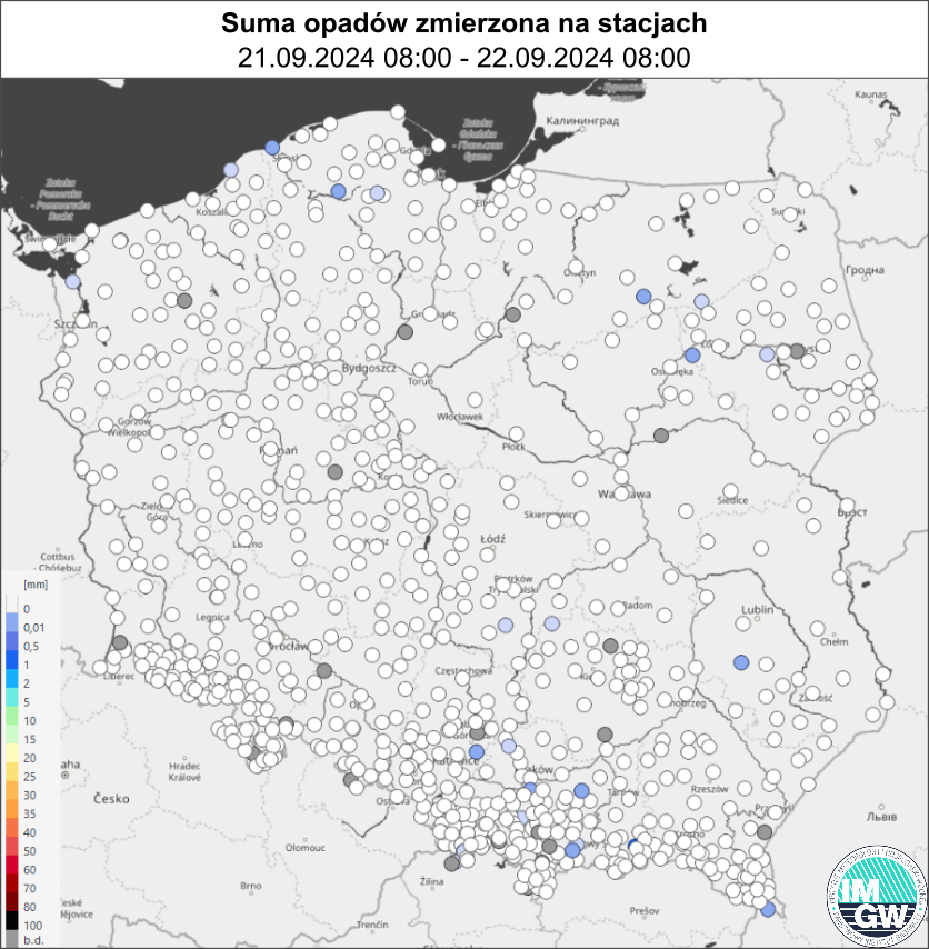 Suma opadów zmierzona na stacjach za okres 24 h (21.2024 06:00 UTC – 22.09.2024 06:00 UTC).