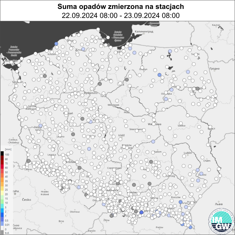 Suma opadów zmierzona na stacjach za okres 24 h (22.2024 06:00 UTC – 23.09.2024 06:00 UTC).