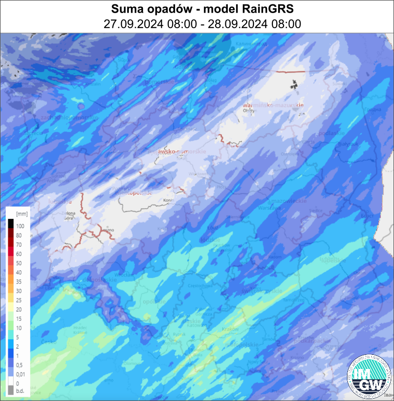 Suma opadów według modelu RainGRS za okres 24 h (27.09.2024 06:00 UTC – 28.09.2024 06:00 UTC).