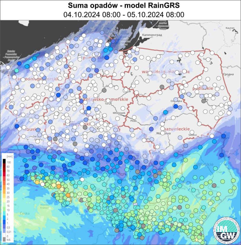 Suma opadów zmierzona na stacjach i według modelu RainGRS za okres 24 h (04.10.2024 06:00 UTC – 05.10.2024 06:00 UTC).