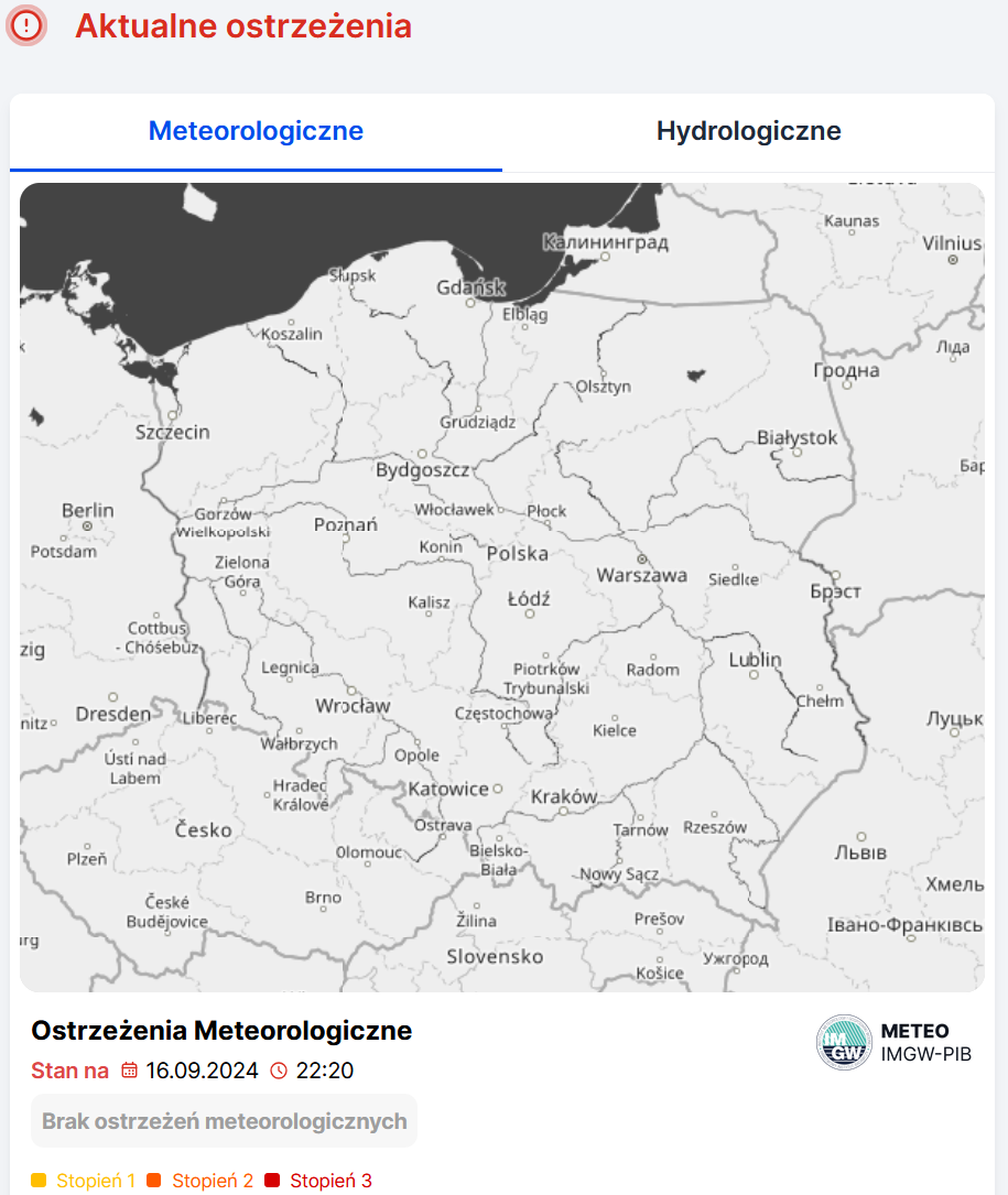 Mapa obowiązujących ostrzeżeń meteorologicznych. Źródło: IMGW-PIB