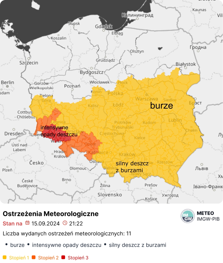 Mapa obowiązujących ostrzeżeń meteorologicznych. Źródło: IMGW-PIB