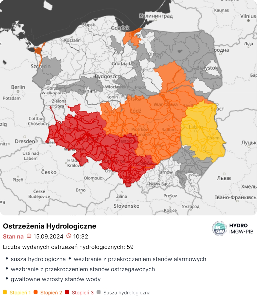 Mapa obowiązujących ostrzeżeń hydrologicznych. Źródło: IMGW-PIB