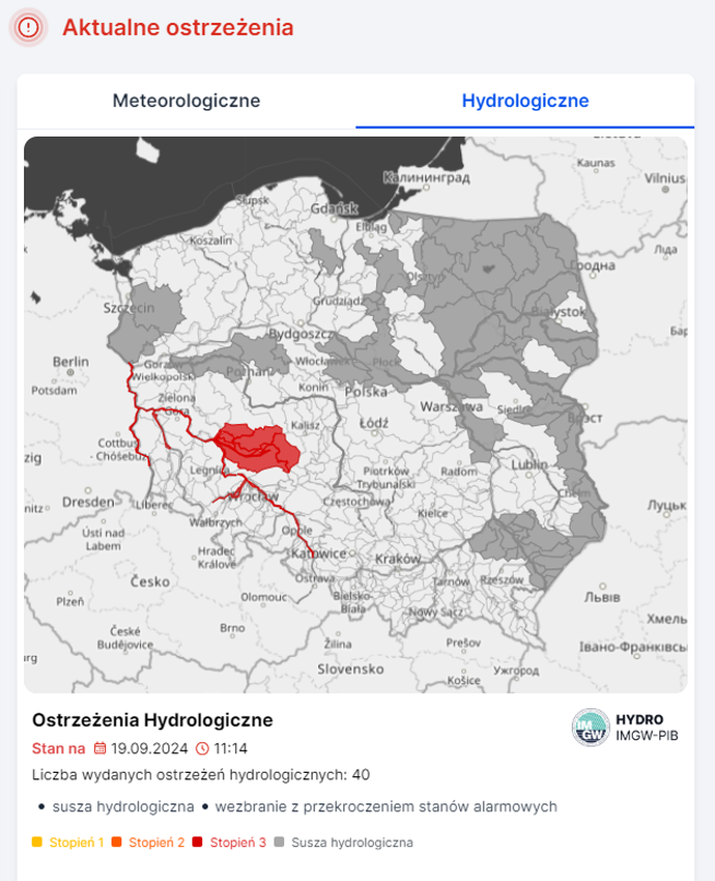 Mapa obowiązujących ostrzeżeń hydrologicznych. Źródło: IMGW-PIB