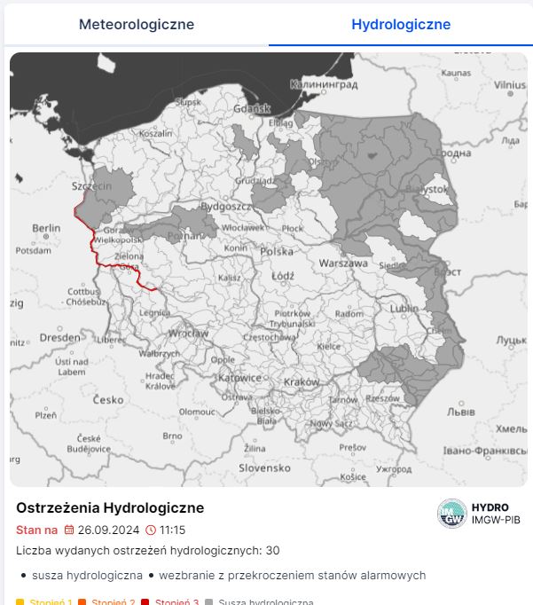 Mapa obowiązujących ostrzeżeń hydrologicznych. Źródło: IMGW-PIB