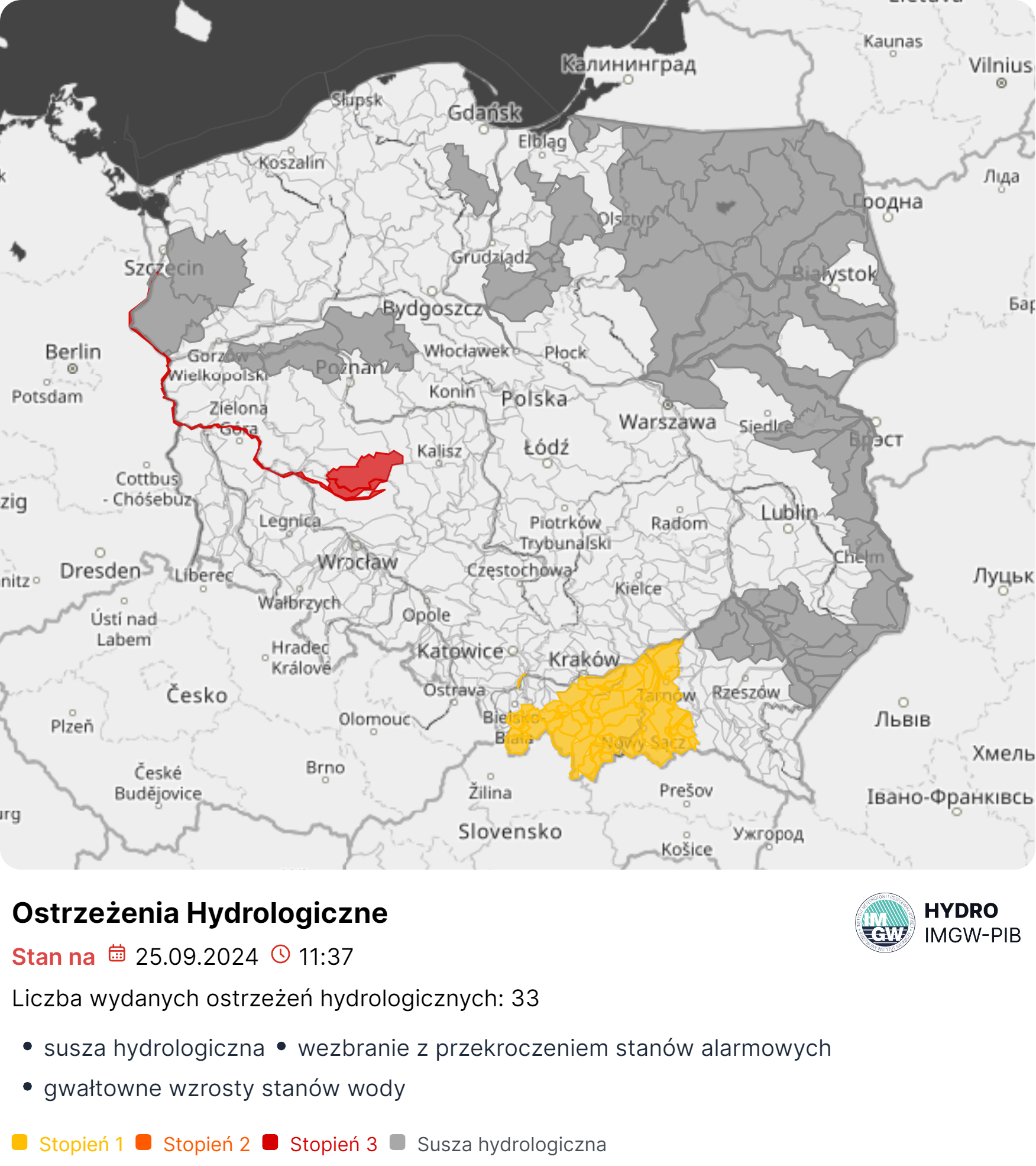 Mapa obowiązujących ostrzeżeń hydrologicznych. Źródło: IMGW-PIB