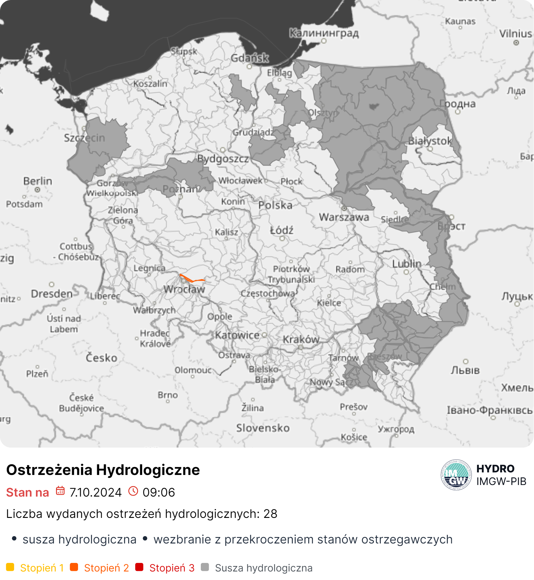 Mapa obowiązujących ostrzeżeń hydrologicznych. Źródło: IMGW-PIB