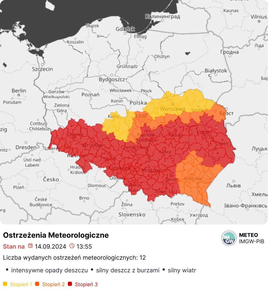 Mapa obowiązujących ostrzeżeń meteorologicznych. Źródło: IMGW-PIB