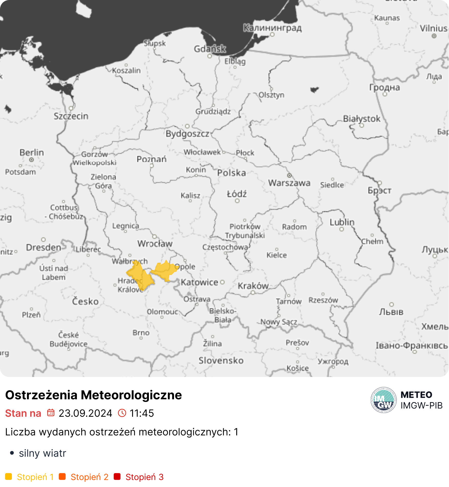 Mapa wydanych ostrzeżeń meteorologicznych. Źródło: IMGW-PIB.