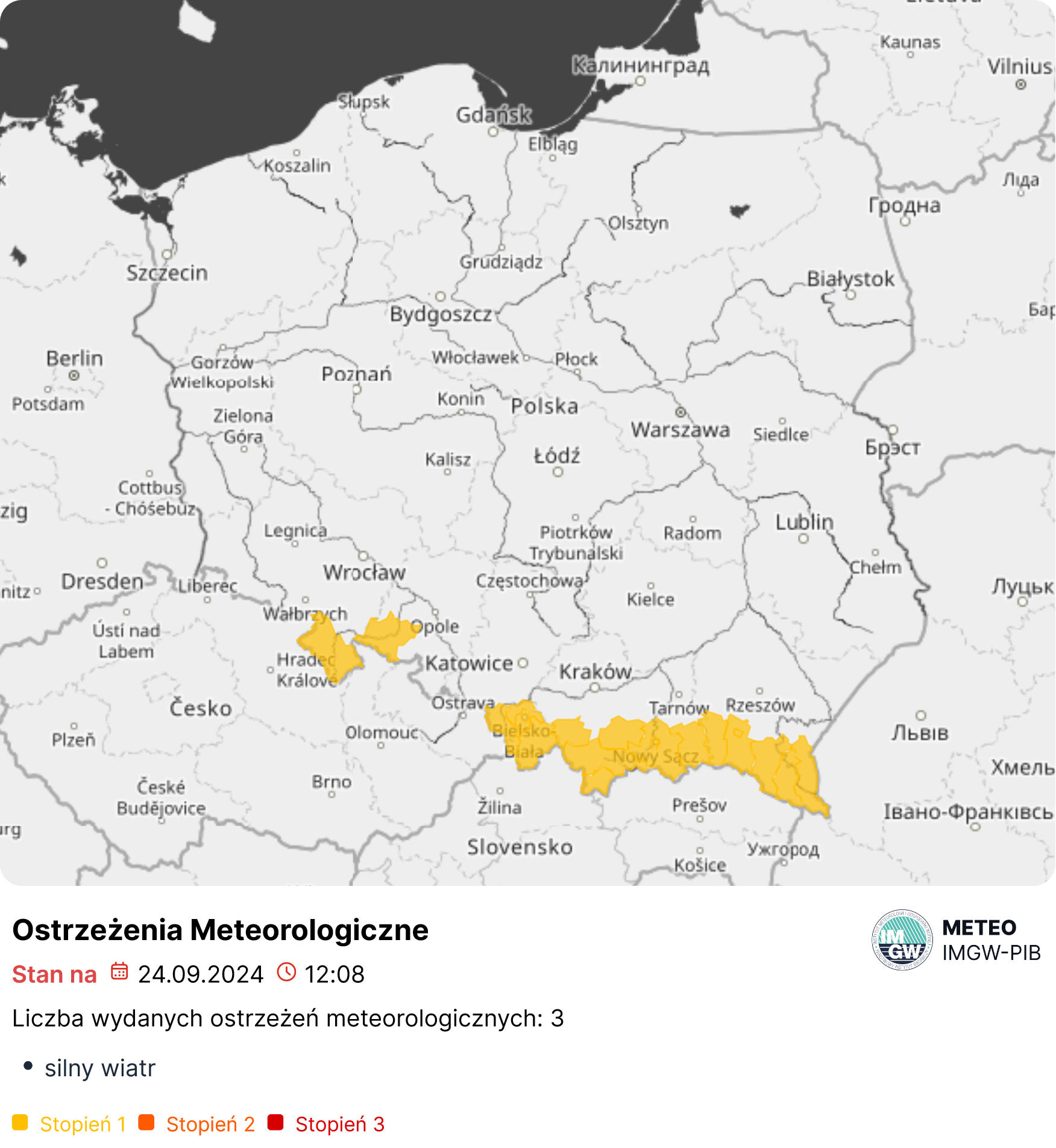 Mapa wydanych ostrzeżeń meteorologicznych. Źródło: IMGW-PIB.