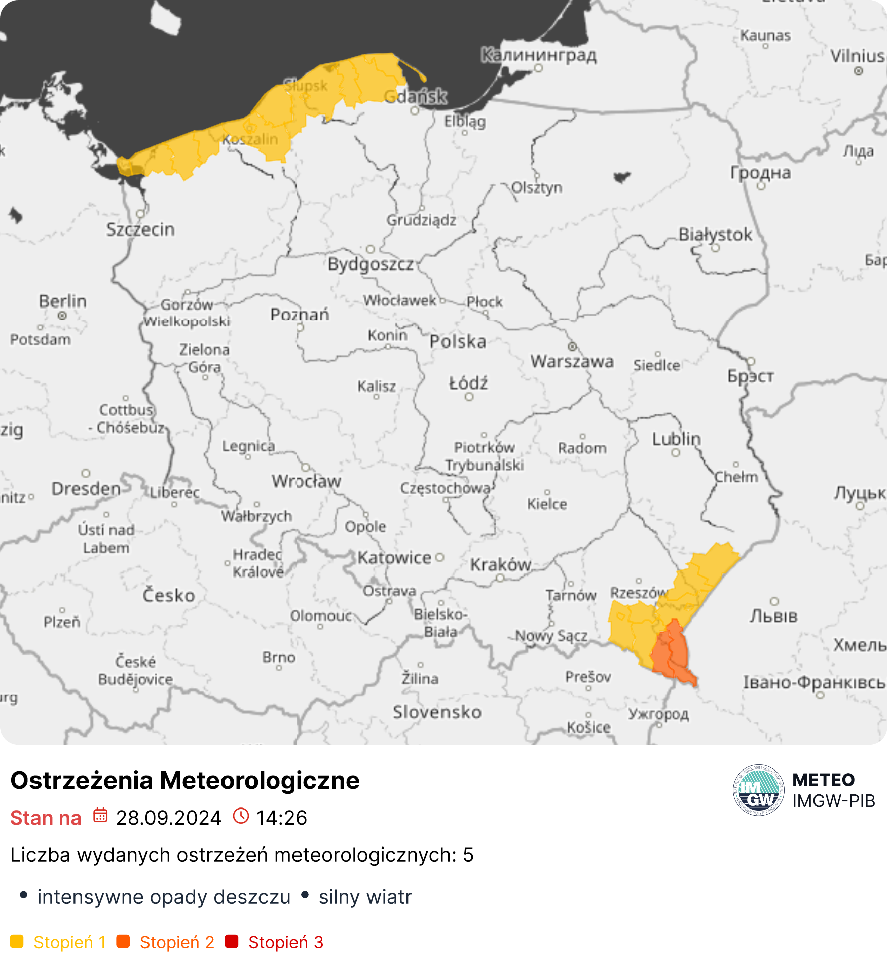 Mapa wydanych ostrzeżeń meteorologicznych. Źródło: IMGW-PIB.