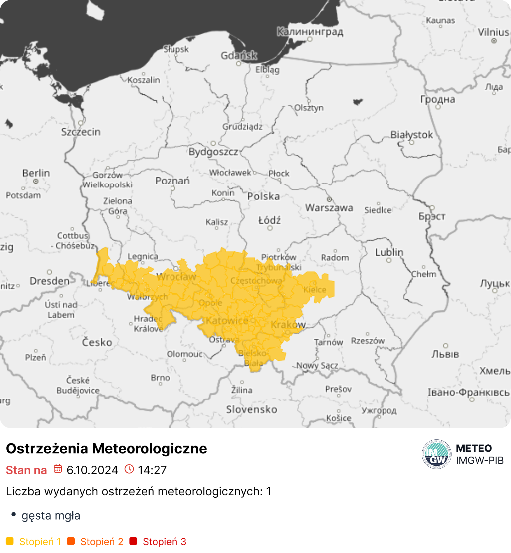 Mapa wydanych ostrzeżeń meteorologicznych. Źródło: IMGW-PIB.