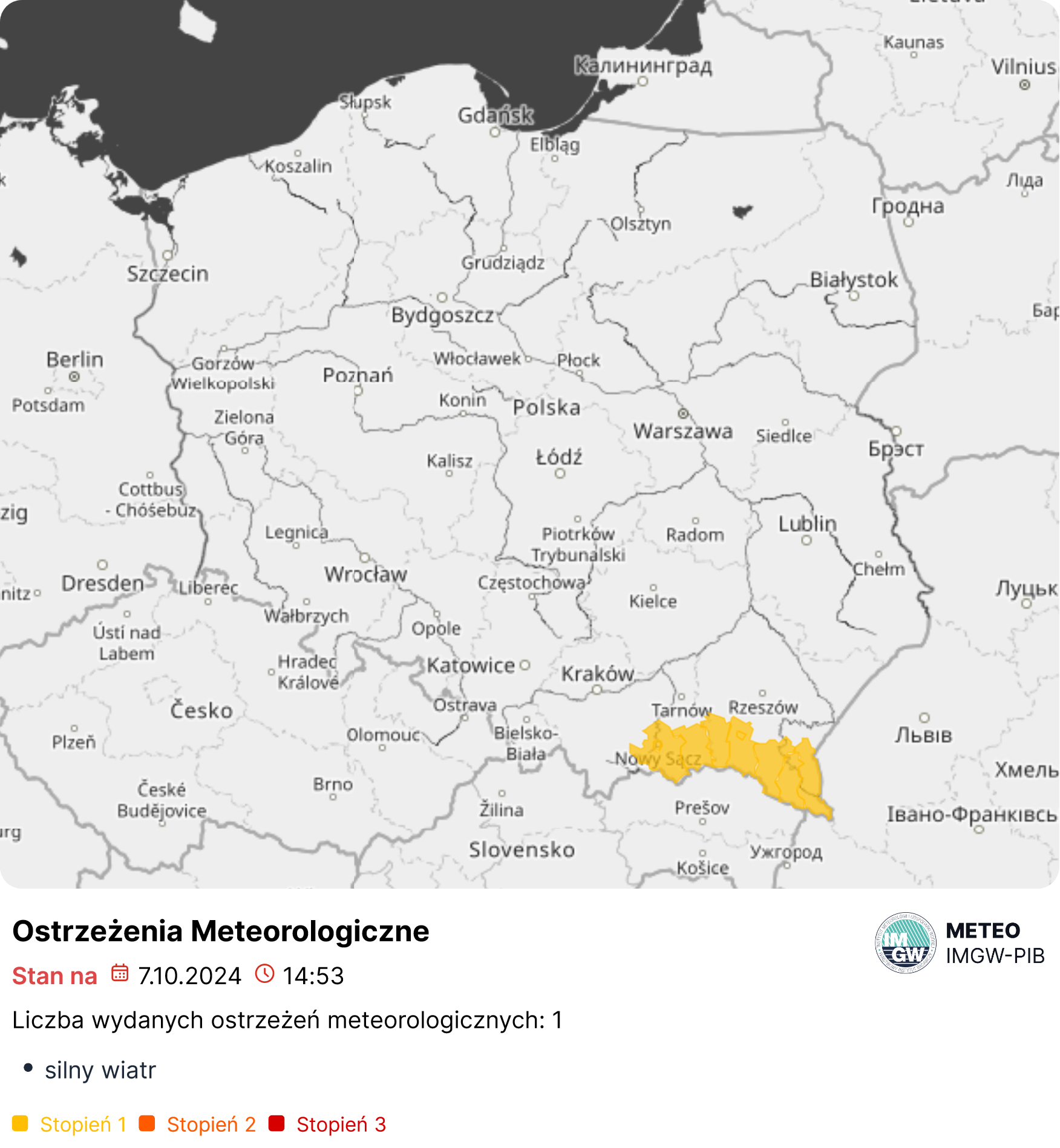 Mapa wydanych ostrzeżeń meteorologicznych. Źródło: IMGW-PIB.